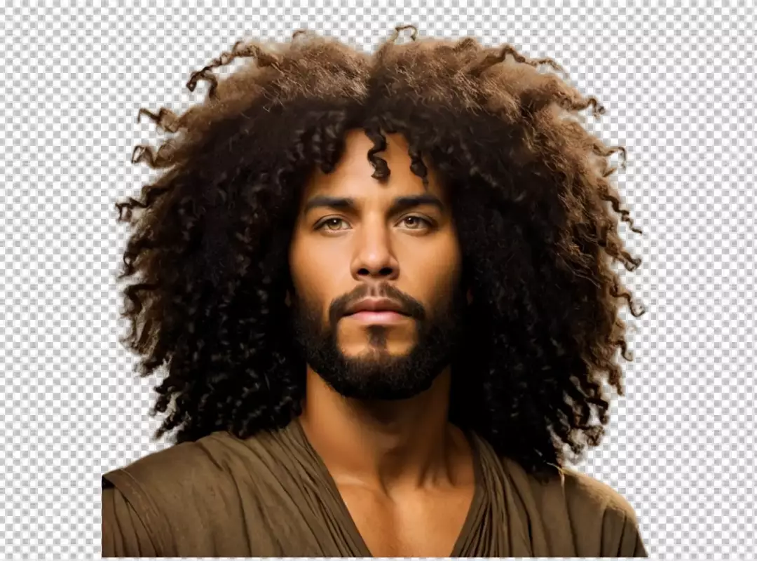 Handsome Man with Voluminous Curly Hair and Beard Looking Forward