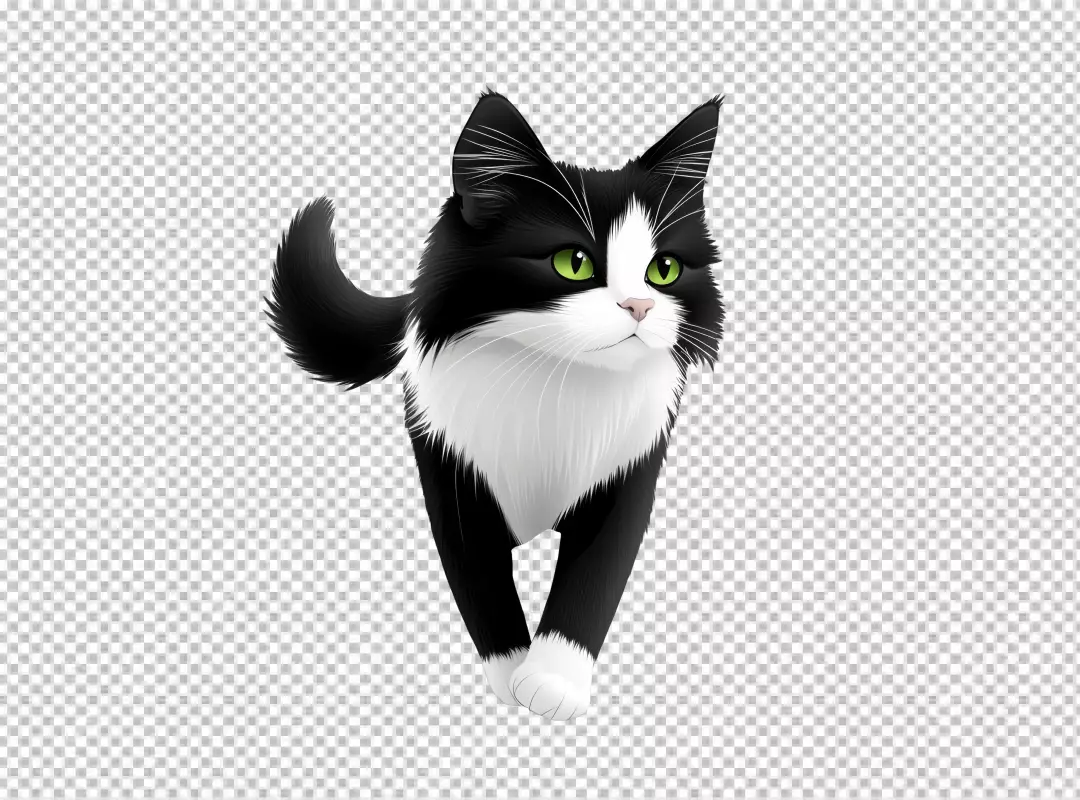 Adorable Walking Black and White Cat with Green Eyes, Perfect PNG Cutout