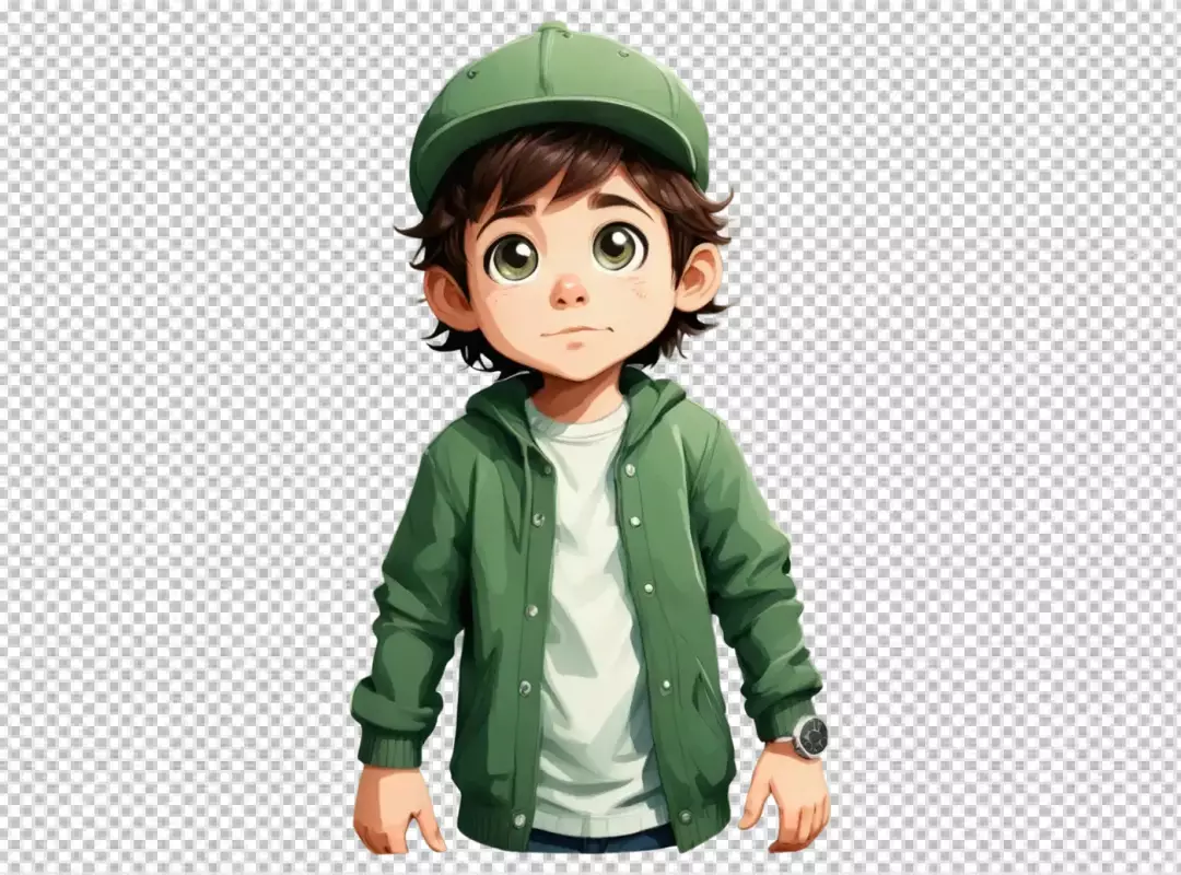 Charming Animated Boy Character Wearing Green Cap and Jacket with Big Expressive Eyes