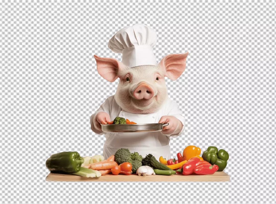 Smiling Pig Chef Preparing Healthy Vegetables Dish for Gourmet Cooking