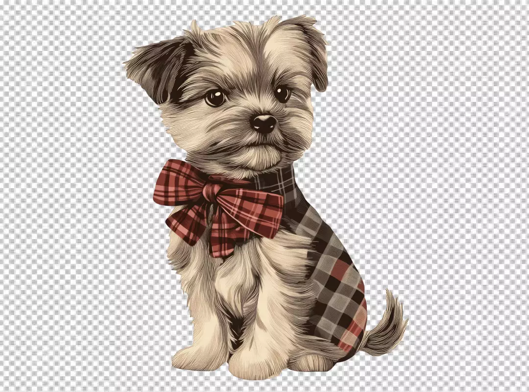 Charming Yorkshire Terrier Puppy Illustration with Plaid Bow and Stylish Pattern