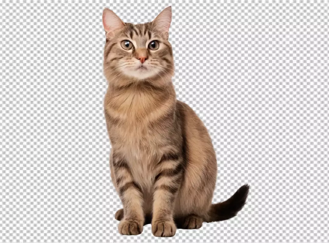 Brown Tabby Cat with Striped Fur Sitting Upright on Clean White Background