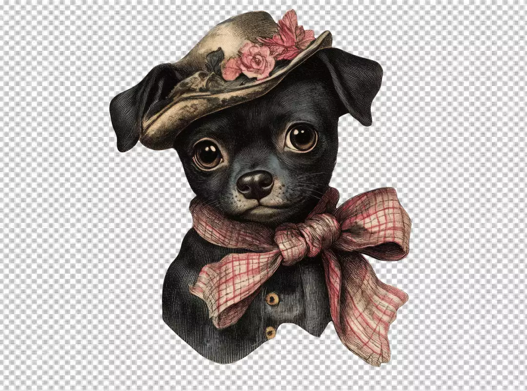 Charming Vintage Puppy Dog Wearing Elegant Floral Hat and Plaid Bow PNG