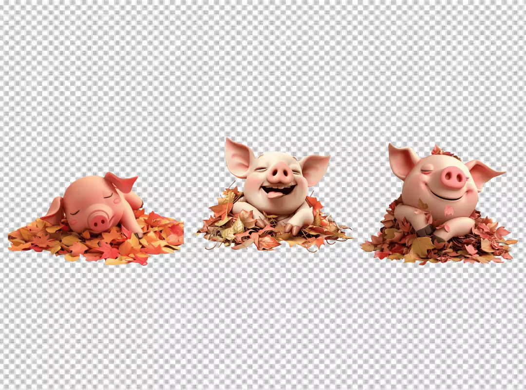 Adorable Cartoon Pigs Playing in Autumn Leaves PNG Image for Fall Designs