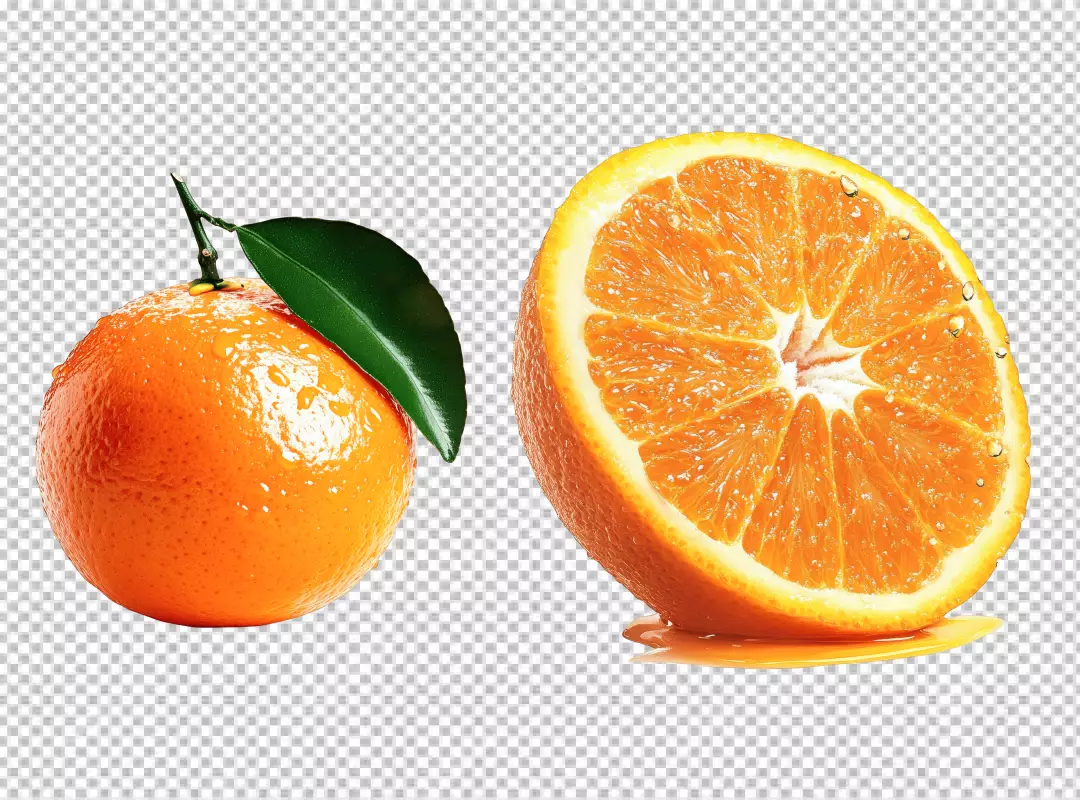 Fresh Juicy Orange Fruit with Leaf and Sliced Citrus Dripping Juice