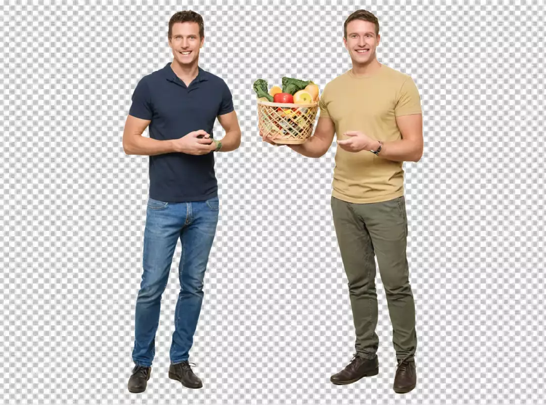 Happy Young Men Promoting Healthy Eating with Fresh Fruits and Vegetables Basket