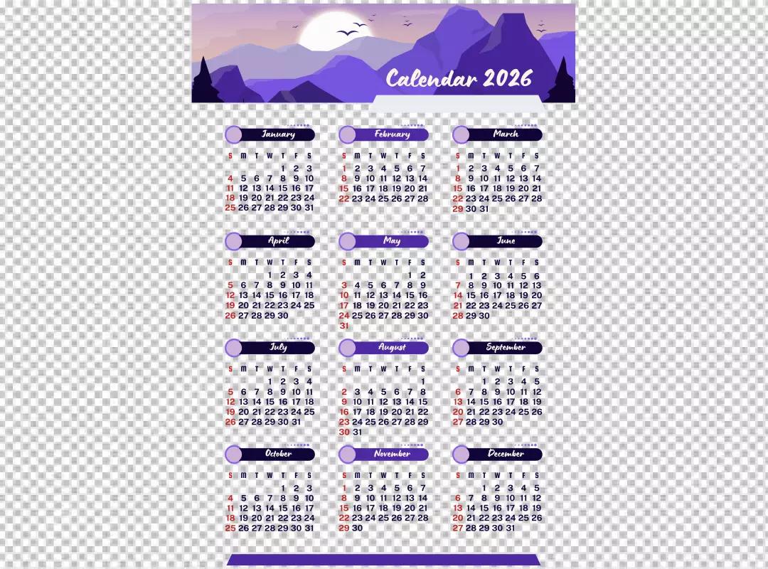 Modern 2026 Annual Calendar on Dark Background with Stylized Mountain Art