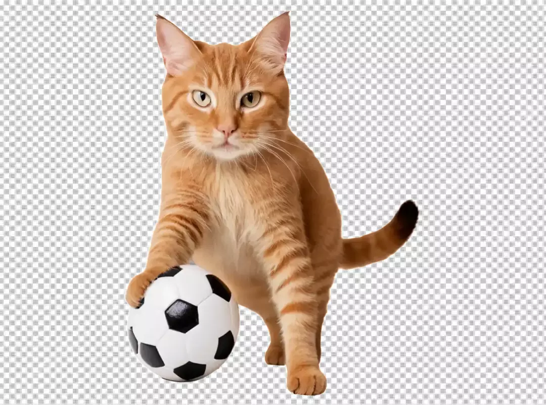 Ginger Tabby Cat Poses Playfully with a Classic Soccer Ball on White Background