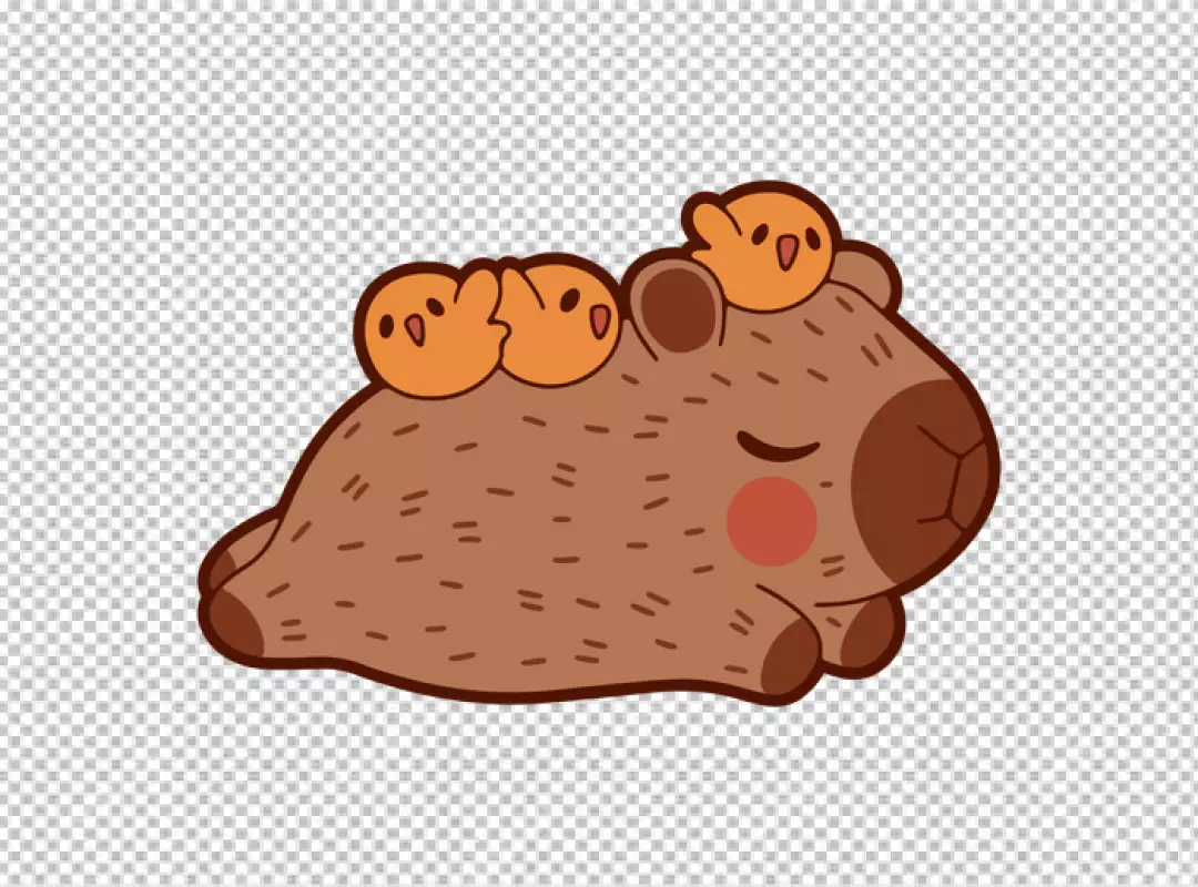 Adorable Cartoon Capybara Napping Peacefully with Three Cute Chicks on Its Back Illustration