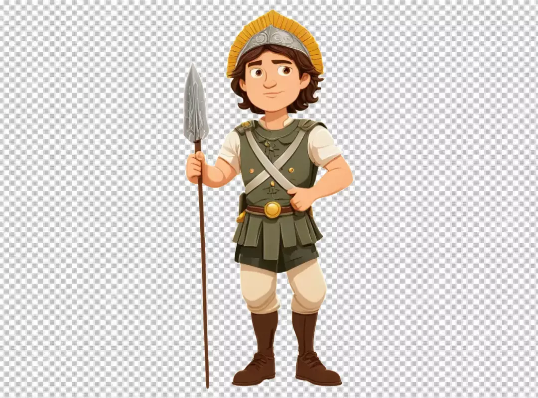 Young cartoon boy in Roman or Greek warrior costume holding a spear, ready for battle