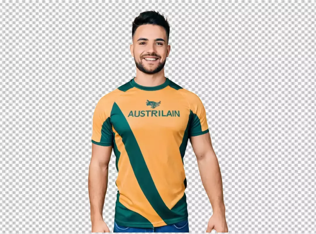 Smiling Young Man in Vibrant Green and Yellow Australian Sports Jersey