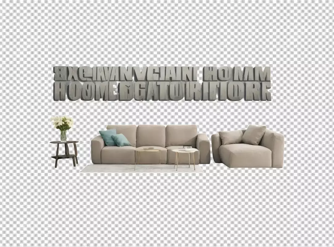 Modern Beige Sectional Sofa with Abstract 3D Text Art and Minimalist Home Decor