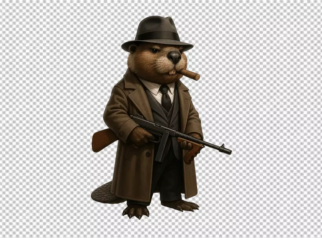 Dapper Beaver Gangster with Fedora, Cigar, and Tommy Gun Digital Art