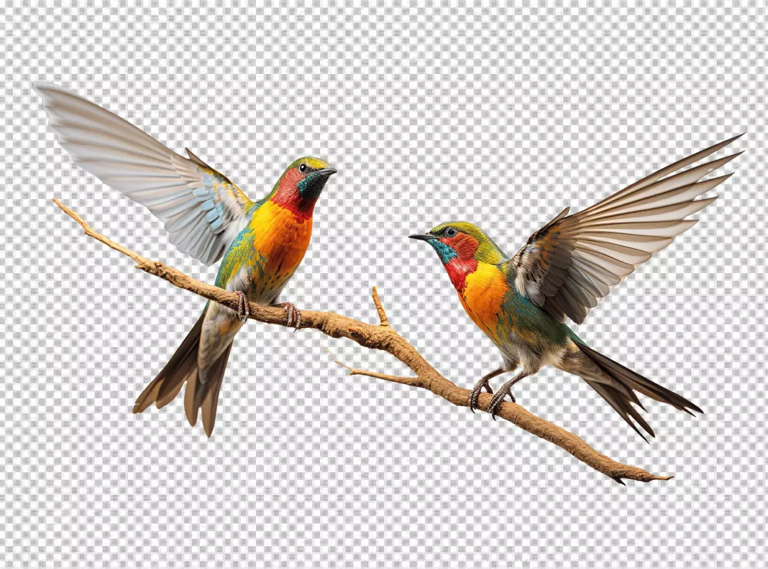 Vibrant Bee-Eaters Perching on a Branch with Wings Spread in Dynamic Flight