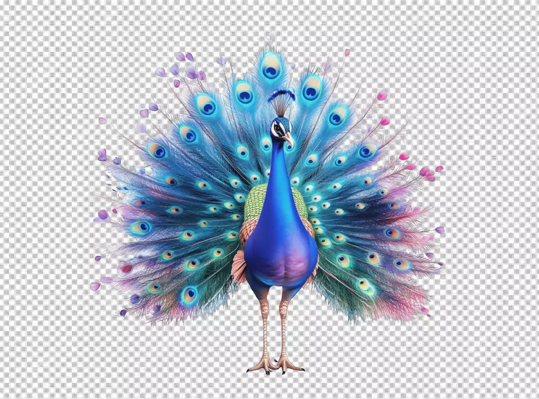 Majestic Blue Peacock Spreading Colorful Tail Feathers PNG