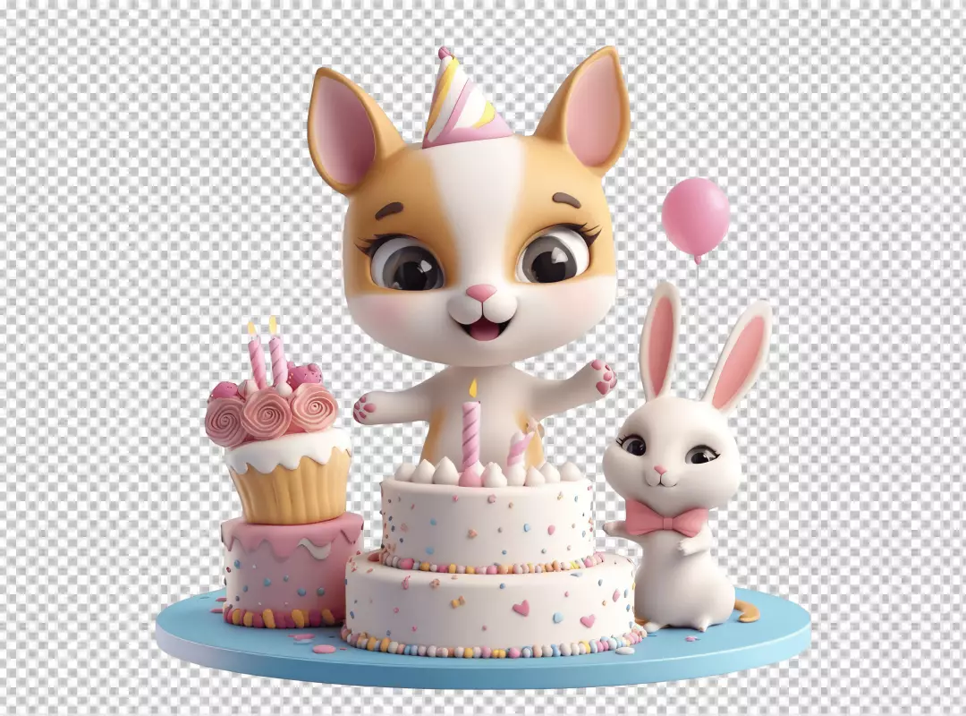 Adorable Cartoon Cat and Rabbit Celebrating Birthday with Cake and Balloon
