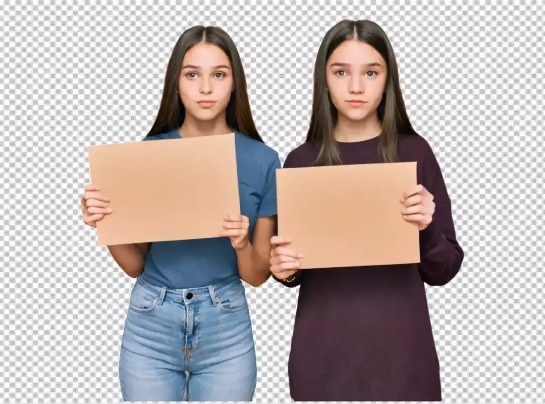 Two Young Women Holding Blank Brown Signs Ready for Your Custom Message