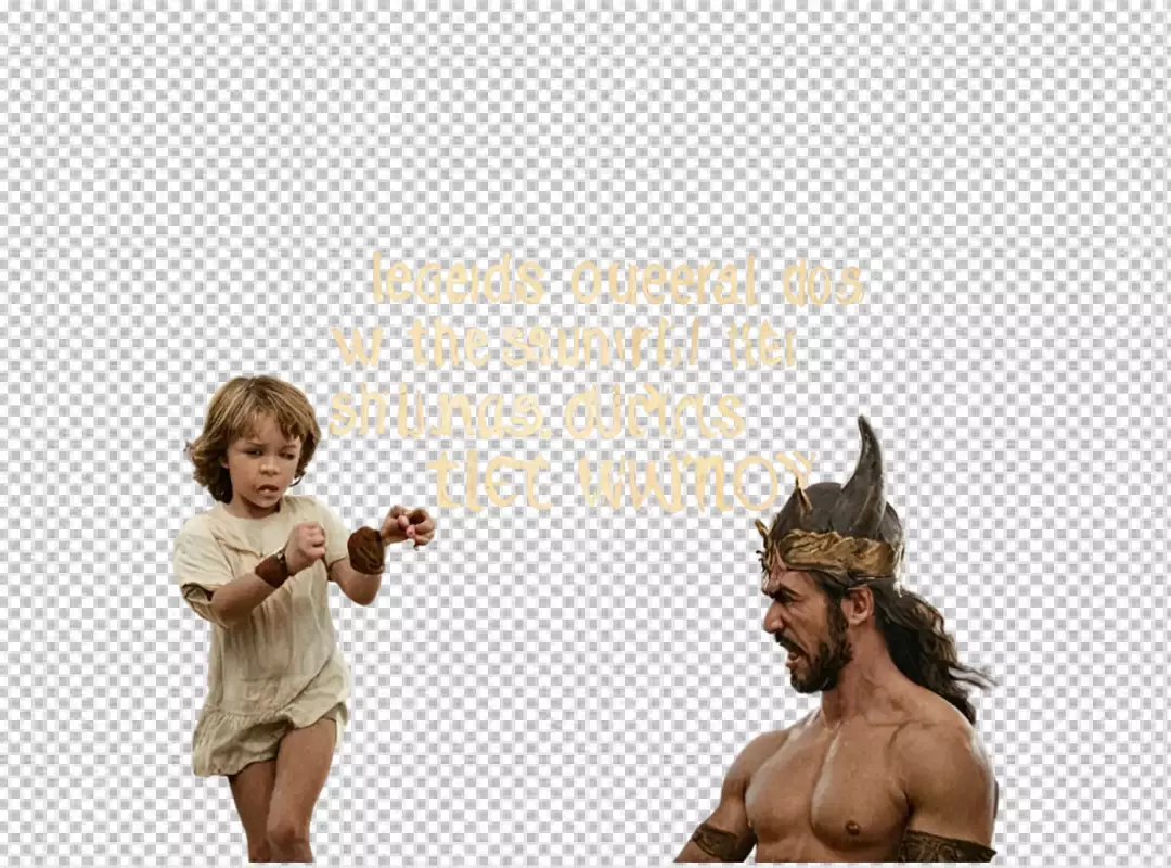 Brave young boy stands against mighty horned warrior in a fantasy confrontation