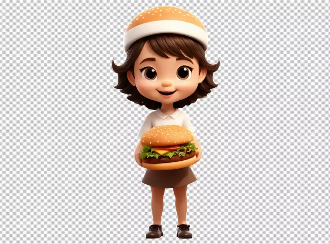 Playful 3D Girl Mascot in Burger Bun Hat Holding Giant Fast Food Meal