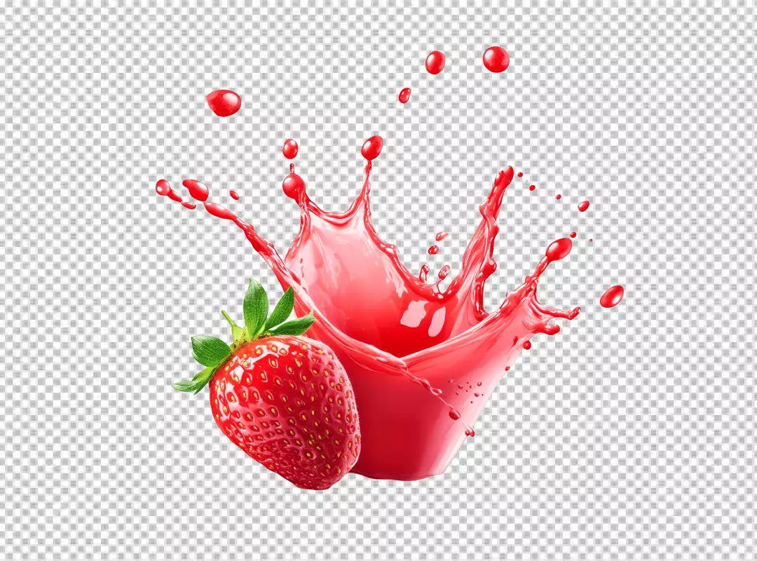 Dynamic Red Strawberry Juice Splash with Fresh Fruit Drops PNG Cutout