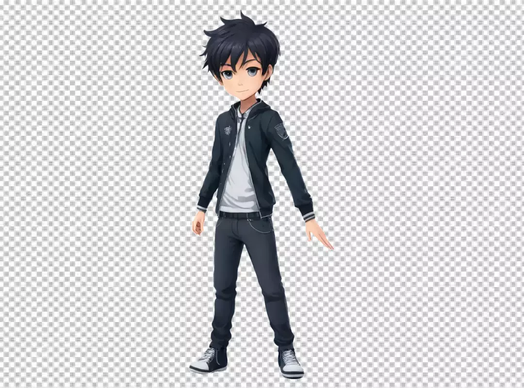 Anime Style Young Boy in Casual Dark Jacket Standing Confidently, Full Body Illustration