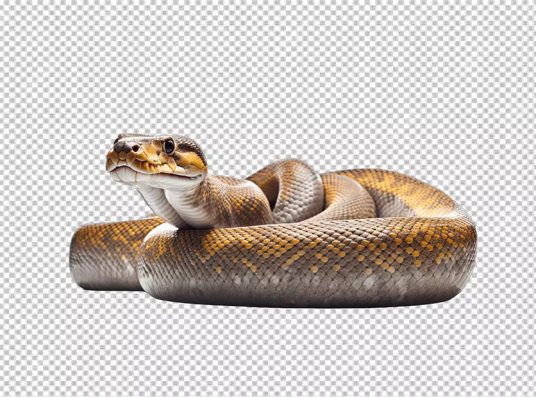 Realistic Coiled Snake with Brown and Yellow Scales Looking Forward, Transparent PNG Cutout for Design Projects