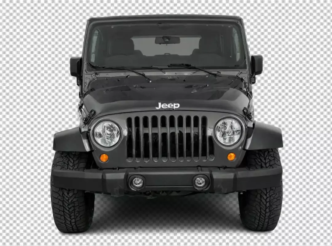 Front View of Modern Dark Grey Jeep Wrangler Off Road Vehicle Isolated