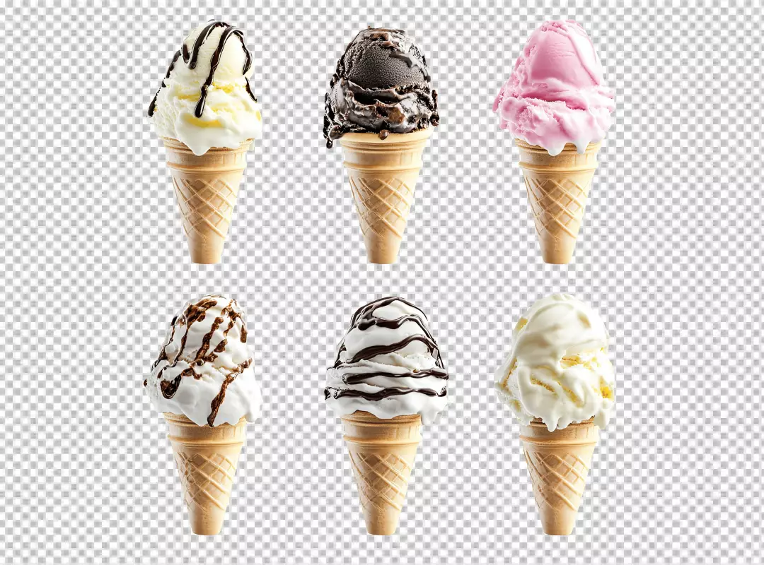 Delicious Ice Cream Cones with Various Flavors and Chocolate Syrup Dessert Collection