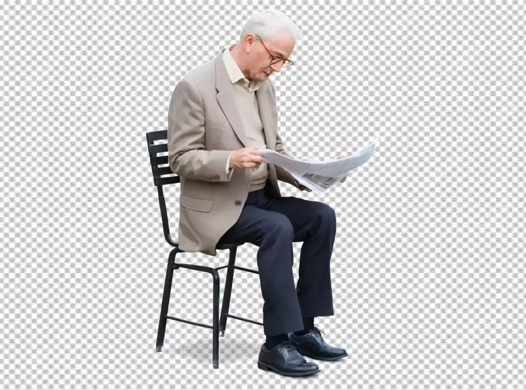Thoughtful Senior Man Reading Newspaper Casually Seated on Chair Isolated on White