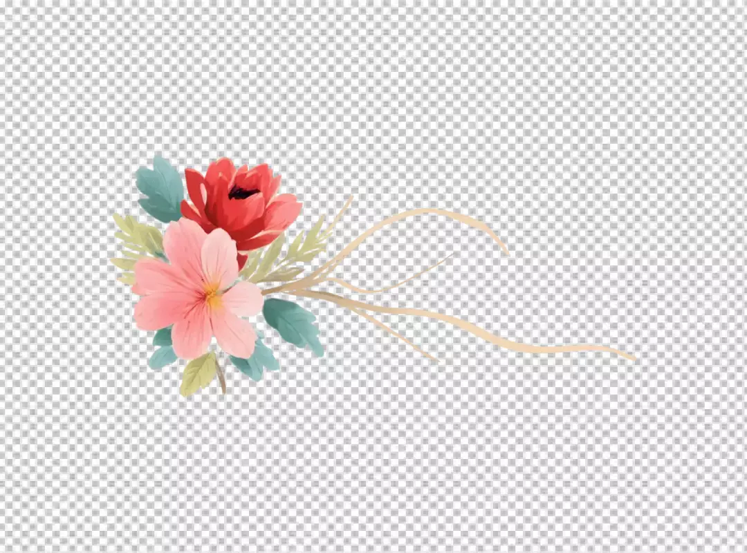 Exquisite watercolor illustration with a charming bouquet of red and pink flowers and delicate green foliage