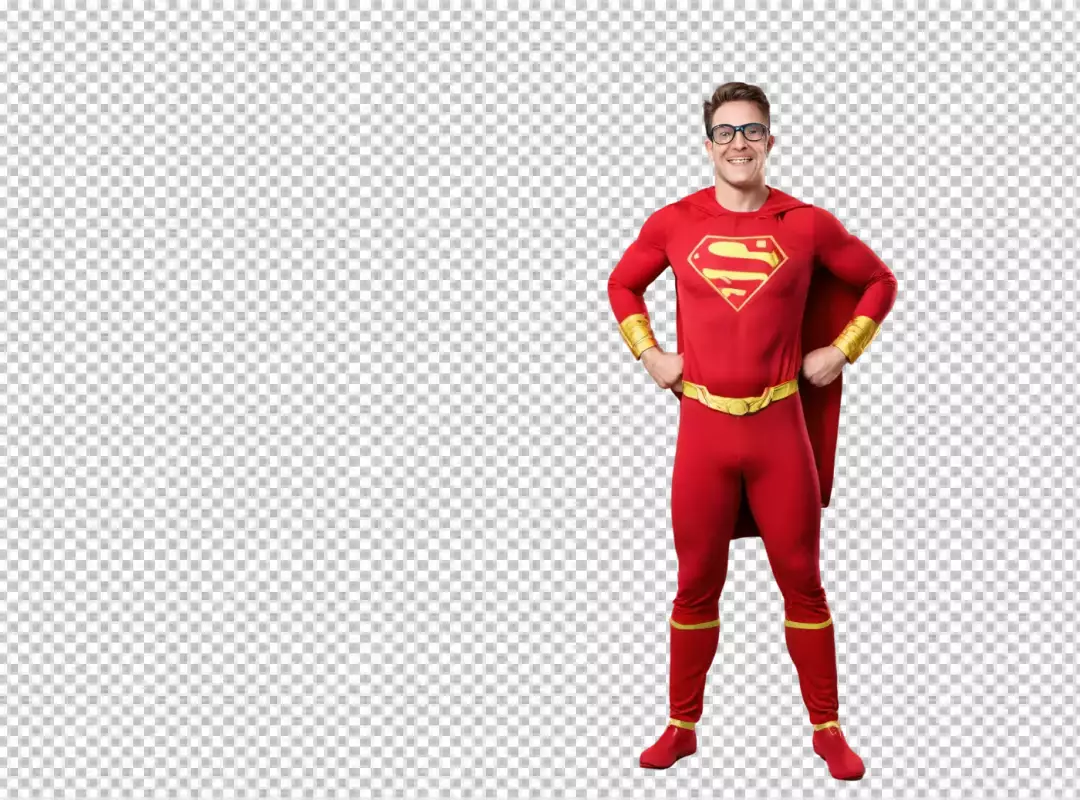 Confident Man in Red Superhero Suit with Iconic Emblem and Glasses
