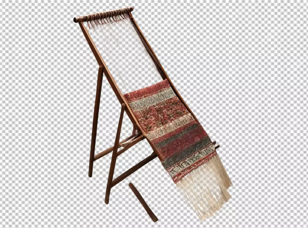 Traditional Wooden Loom with Partially Woven Intricate Patterned Rug
