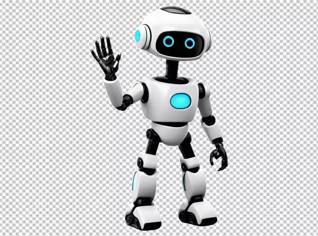 Friendly White Robot Waving Hand with Blue Glowing Accents 3D Render