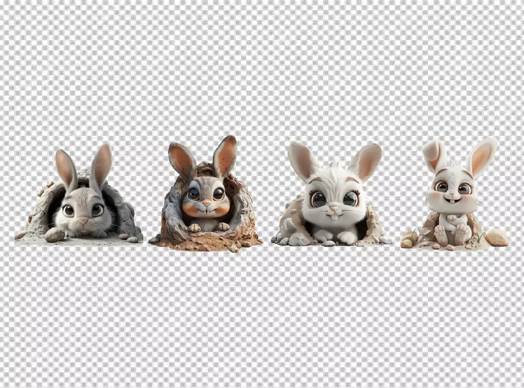 Adorable Cartoon Bunnies Peeking from Earthy Burrows and Rocks