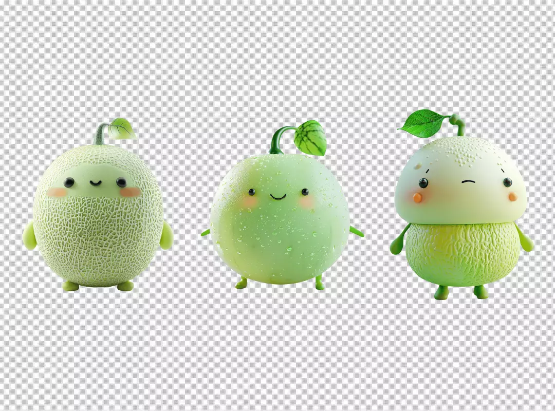 Cute Happy Green Melon Characters Expressing Joyful Emotions 3D Render