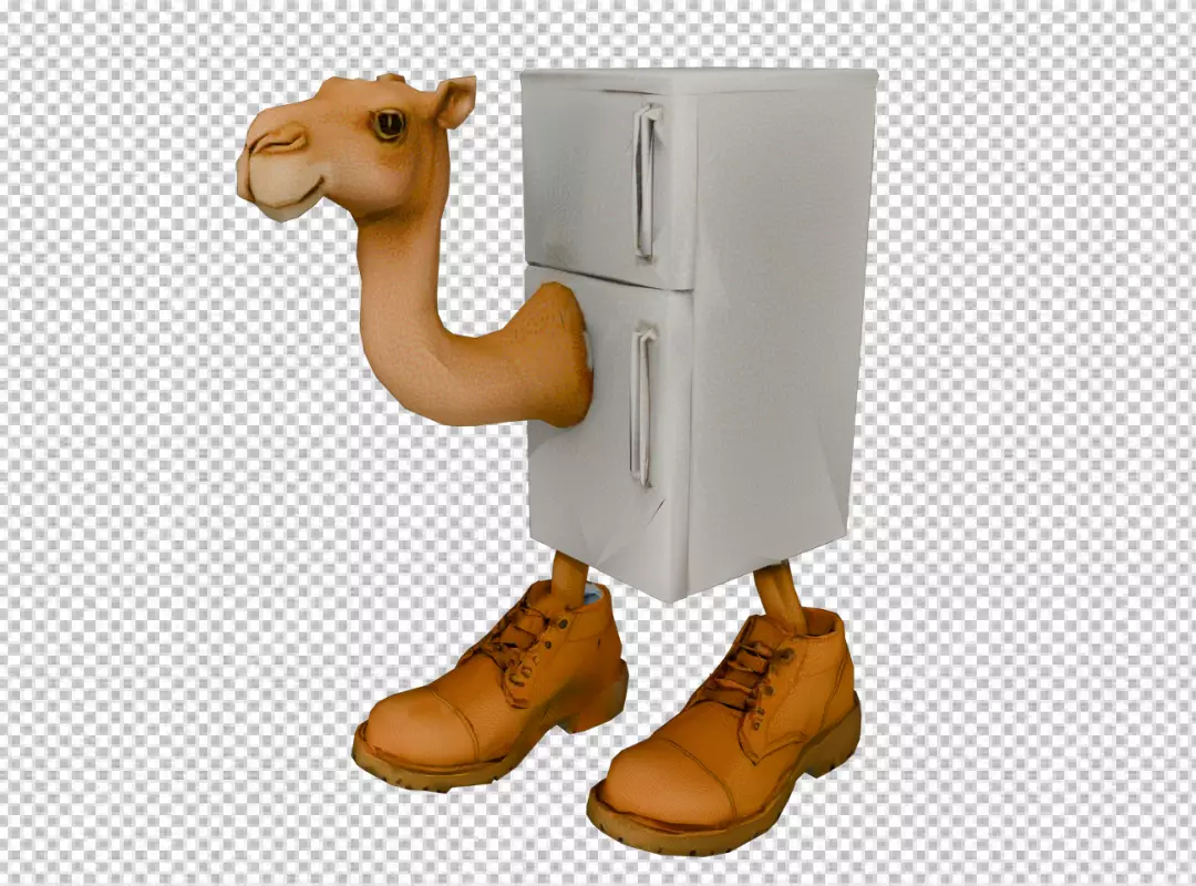 Surreal Camel Refrigerator Figure with Work Boots on Black Background