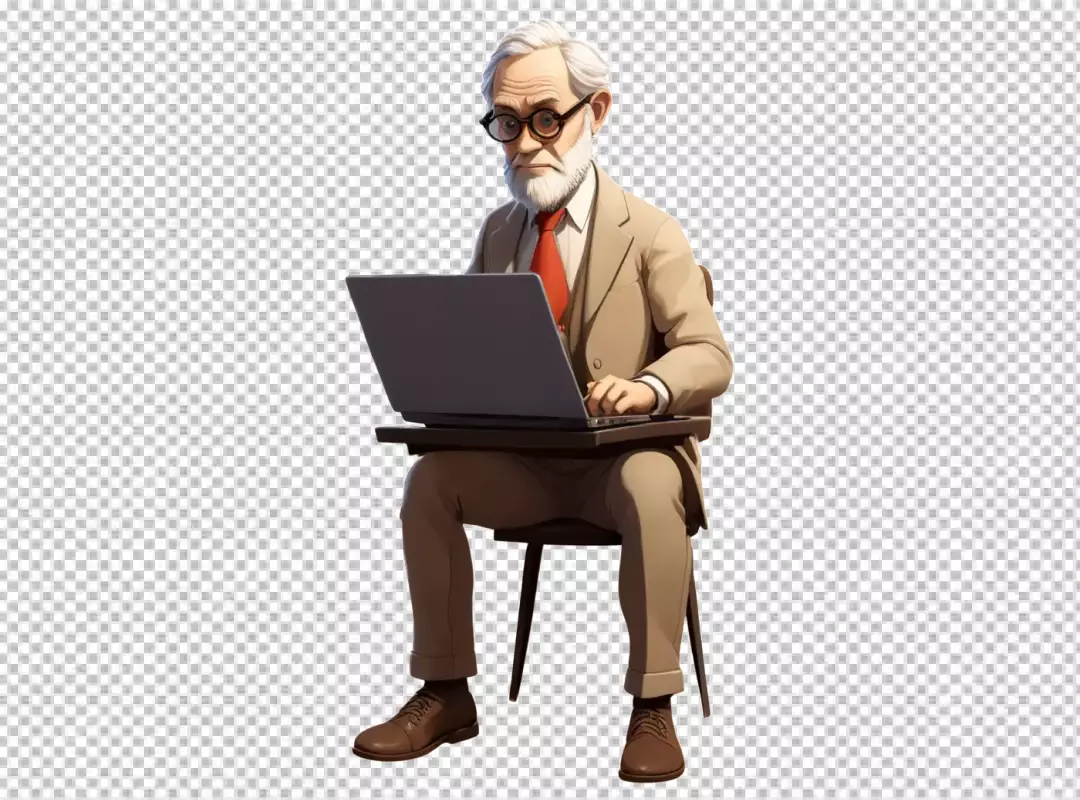 Distinguished Senior Gentleman in Beige Suit Focused on Laptop Work