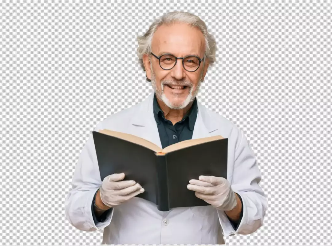 Smiling Senior Scientist in Lab Coat and Glasses Reading Research Book