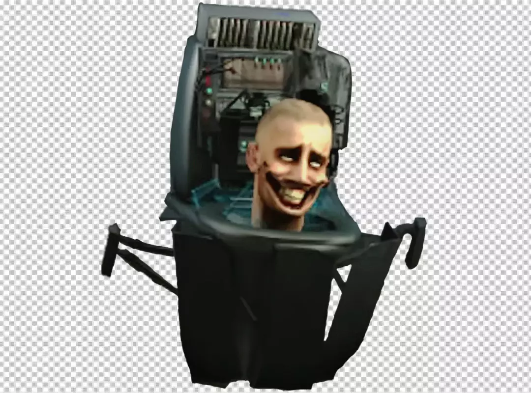 Unsettling Humanoid Head with Exaggerated Grin in Cybernetic Apparatus