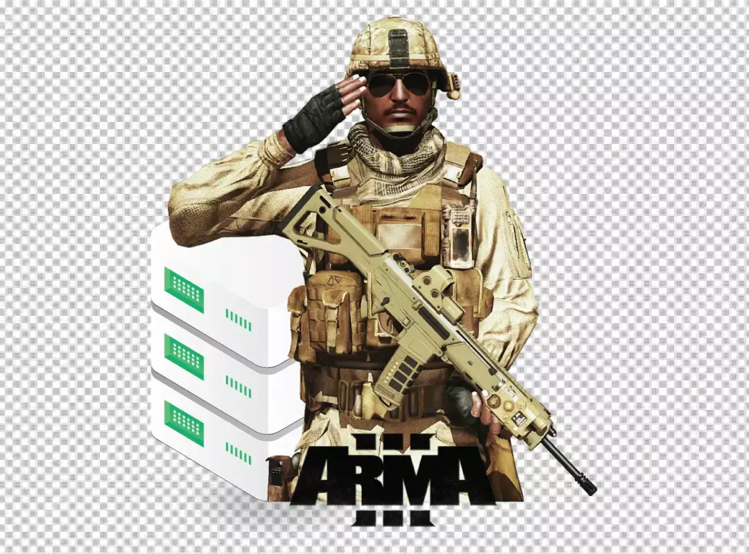 Desert Tactical Soldier Saluting with Assault Rifle and Server Racks