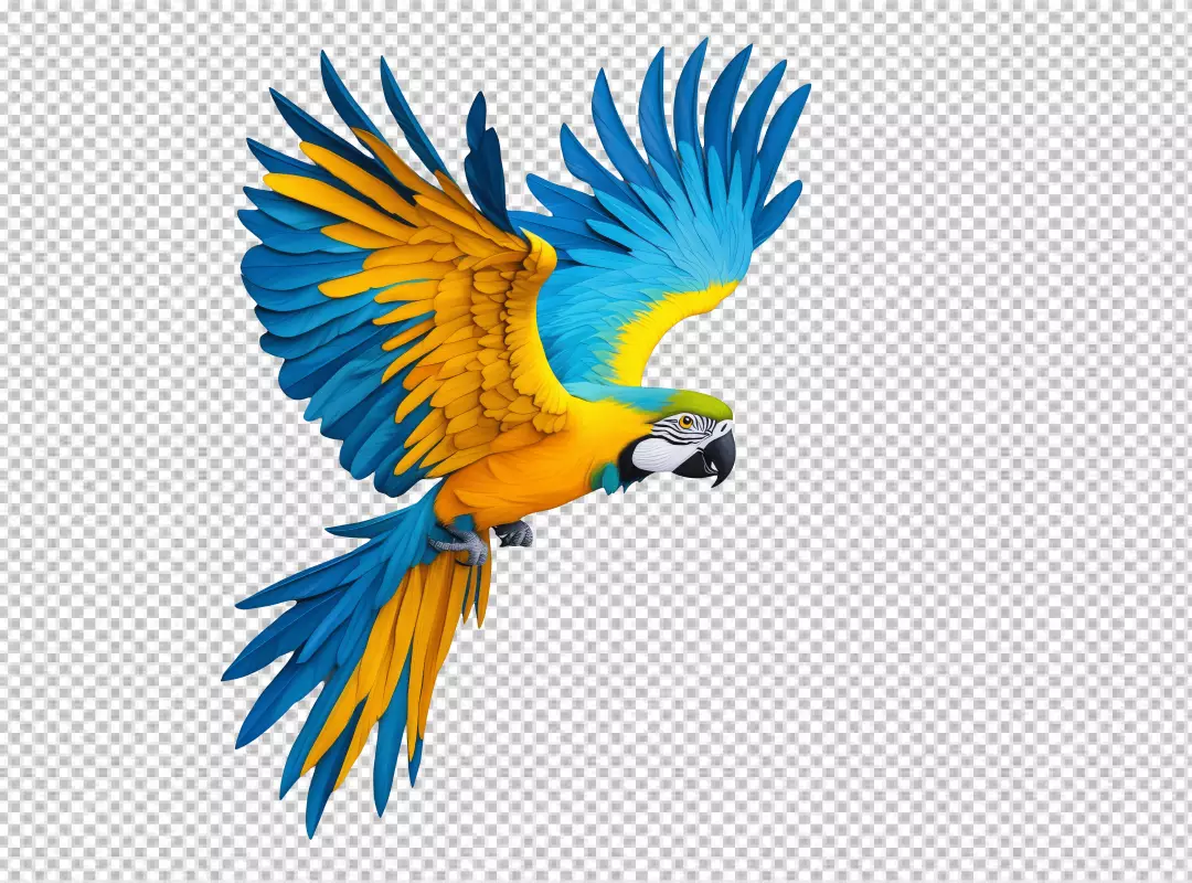 Vibrant Blue and Yellow Macaw Flying PNG Cutout for Tropical Design Projects