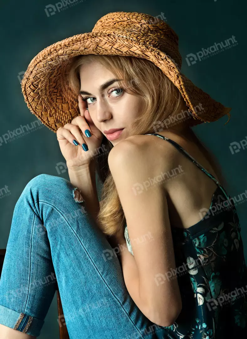 Young Woman with Straw Hat and Blue Jeans Posing in Studio Portrait