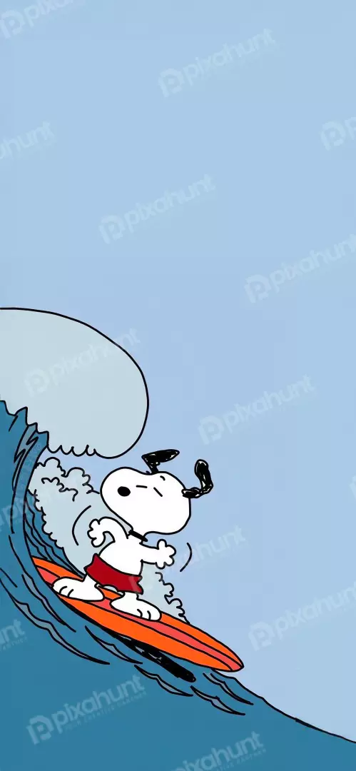 Classic Snoopy Cartoon Character Surfing a Dynamic Ocean Wave with Board