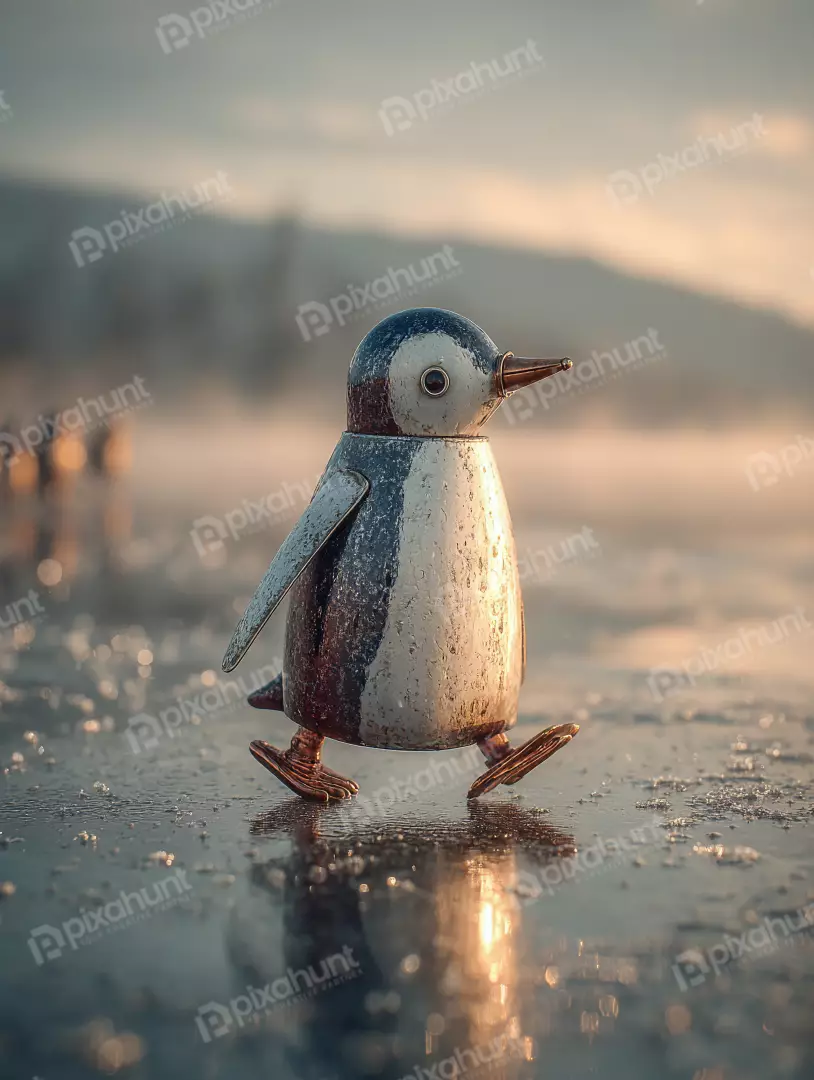 Free Premium Stock Photos Whimsical Metal Penguin Walks on Icy Surface at Sunrise