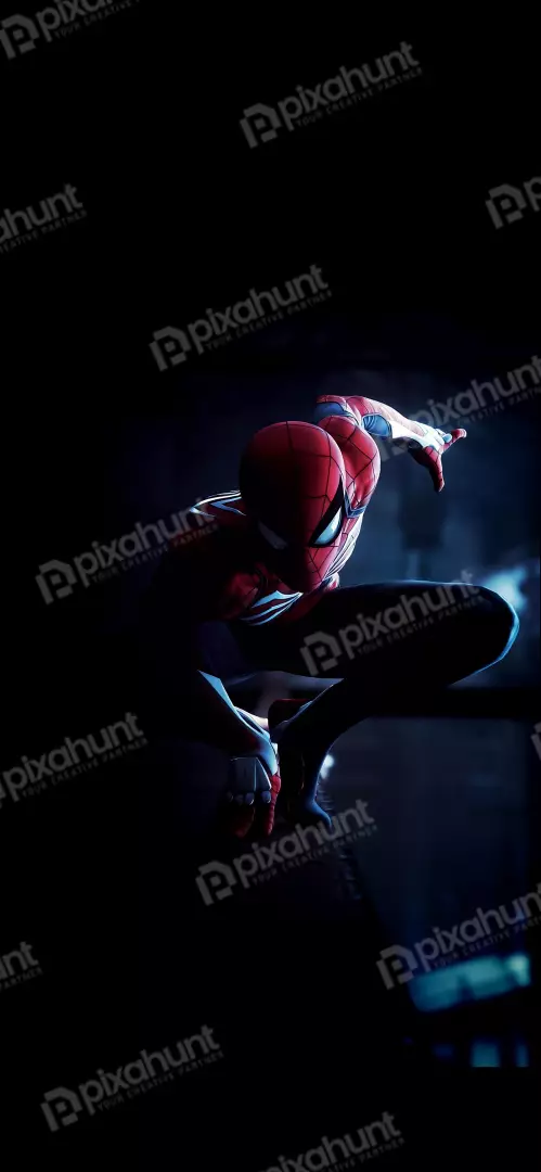 Free Premium Stock Photos Dynamic Spiderman Crouching and Reaching Out in Dark Urban Setting