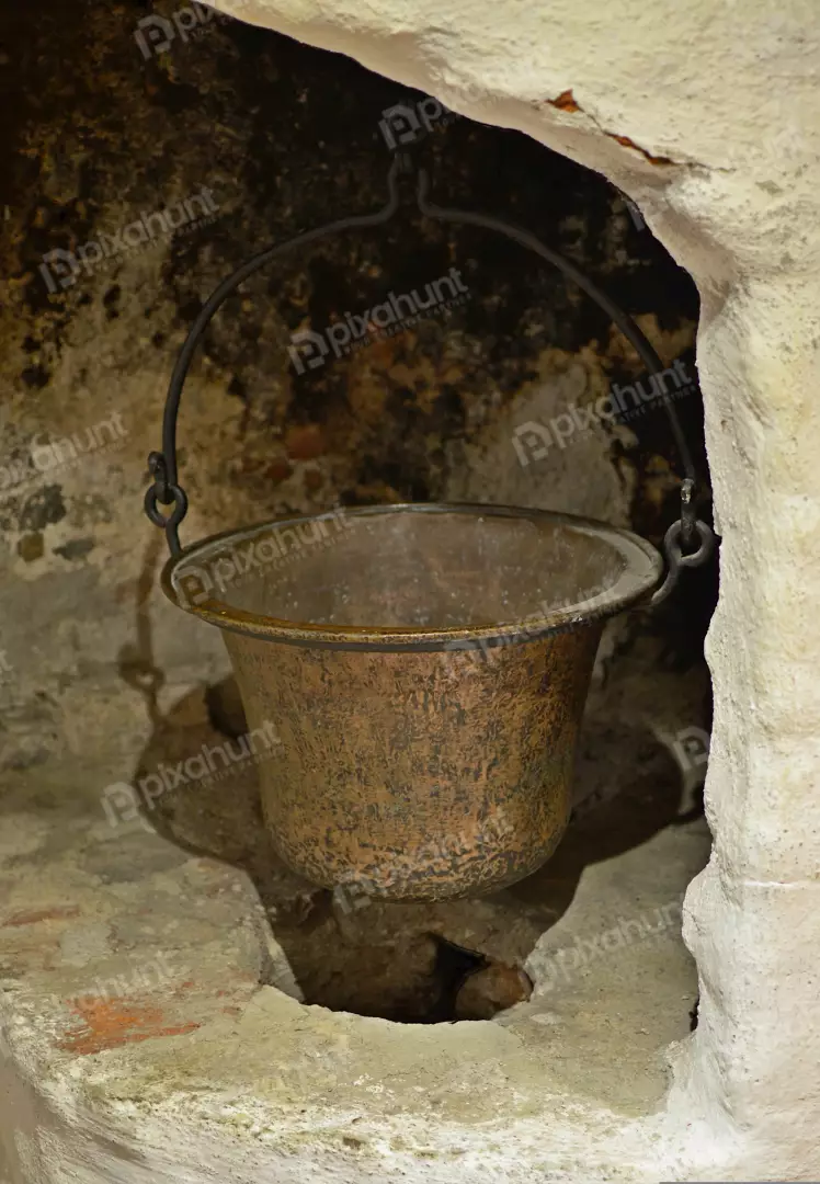 Old World Cooking Pot in Historic Stone Hearth