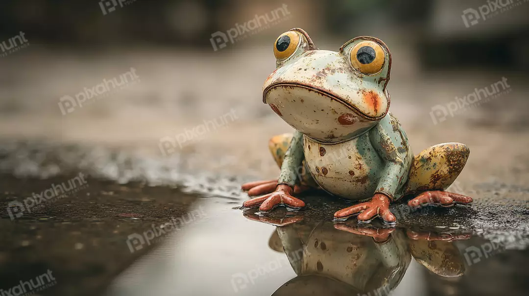 Free Premium Stock Photos Rusty Metal Frog Statue Reflecting in Puddle on Wet Ground