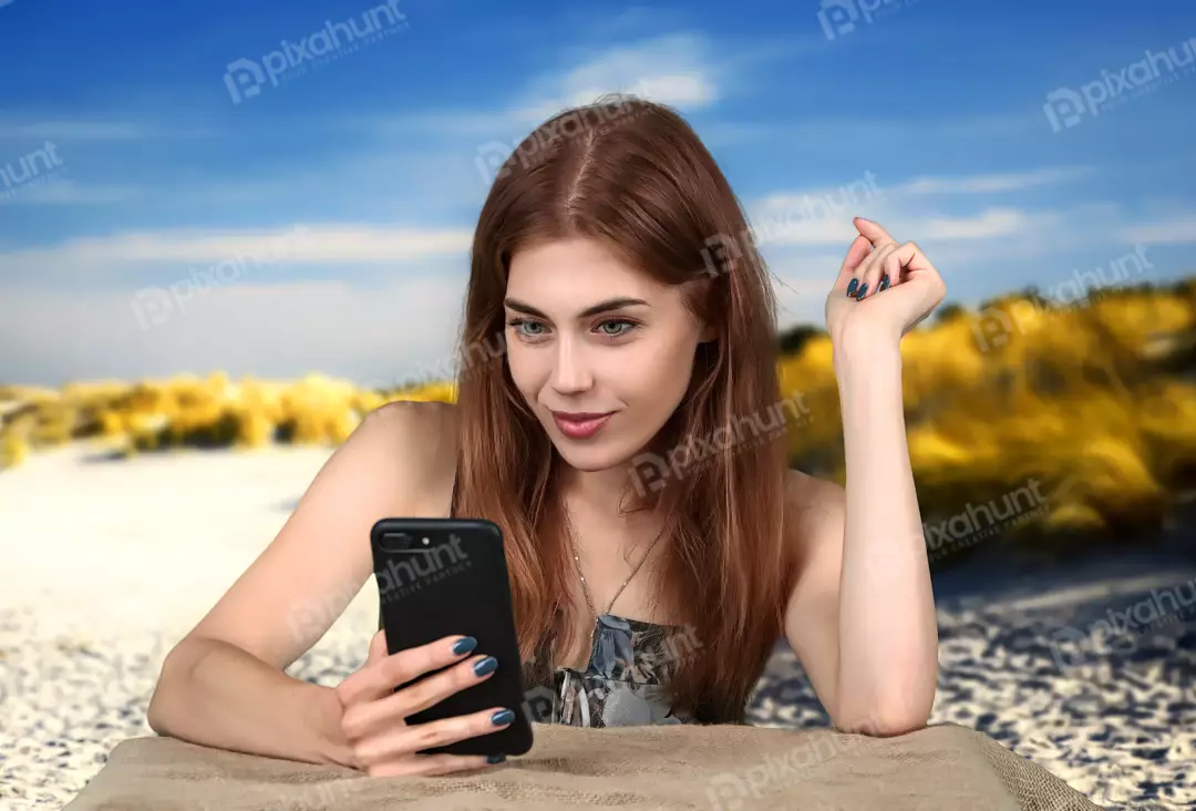 Young Woman Engaged with Smartphone at a Scenic Beach Vacation