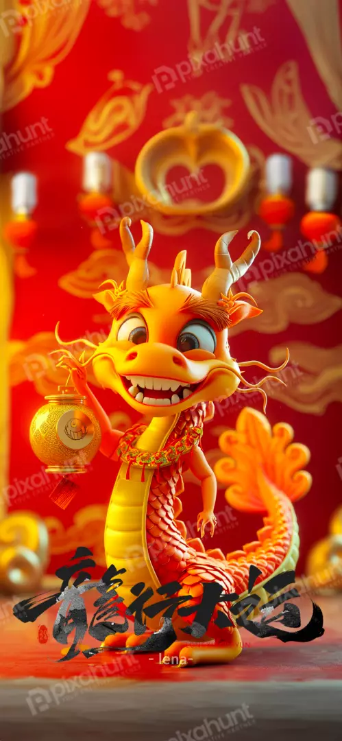 Auspicious Golden Dragon Mascot Holding Lantern for Chinese Lunar New Year