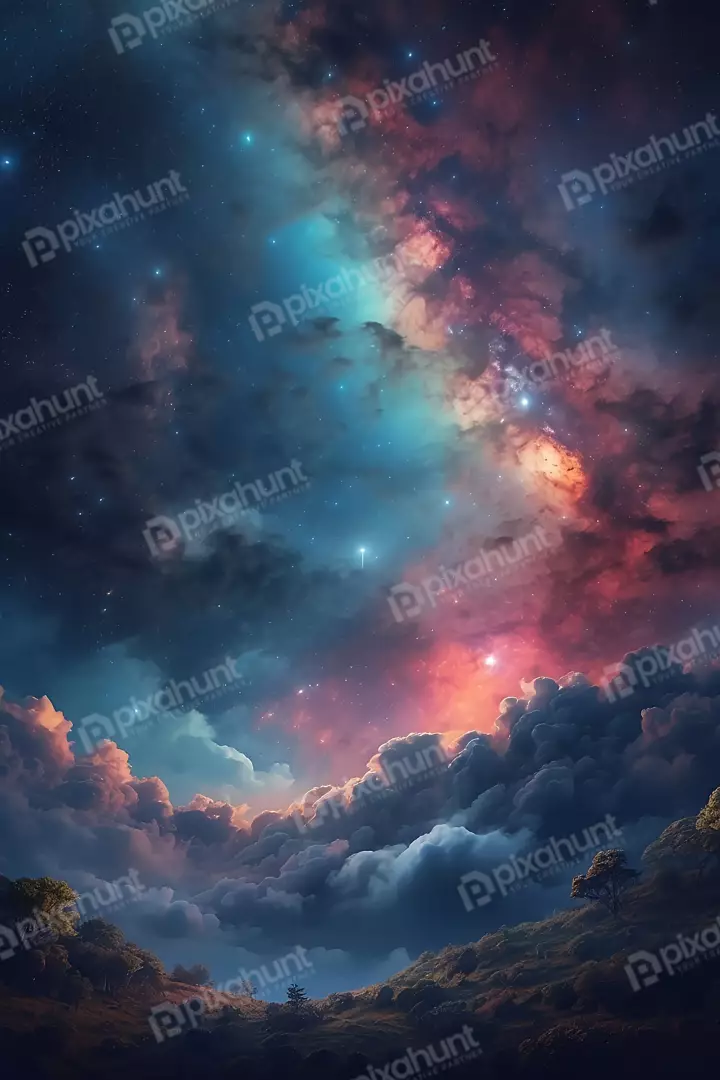 Free Premium Stock Photos Surreal Cosmic Landscape with Starry Sky and Nebula Clouds Over Hills